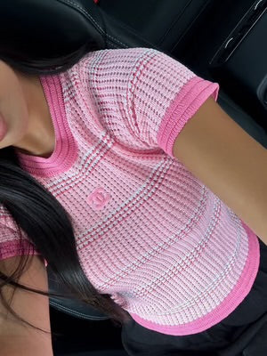 TOP MANCHE COURTE CHANEL ROSE EN MAILLE