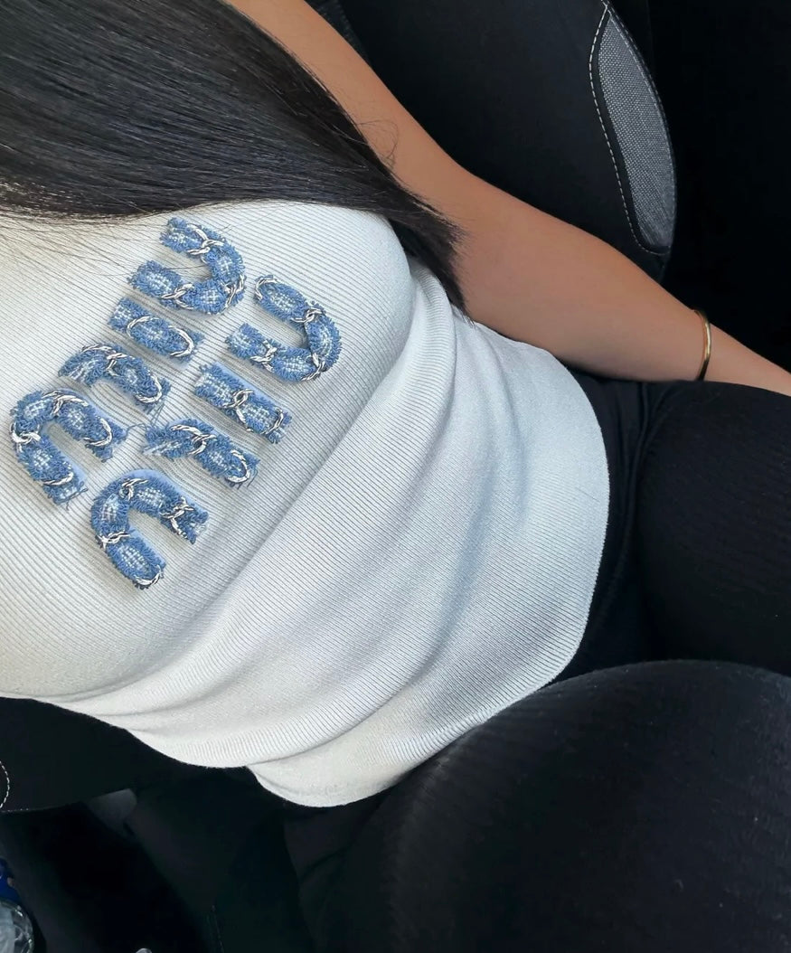 TOP MIU MIU BLANC AVEC LOGO EN JEAN