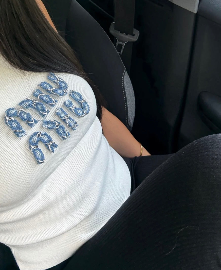 TOP MIU MIU BLANC AVEC LOGO EN JEAN